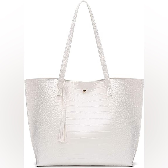 WHITE TEXTURED SOFT FAUX LEATHER TOTE SHOULDER BAG - Picture 2 of 6